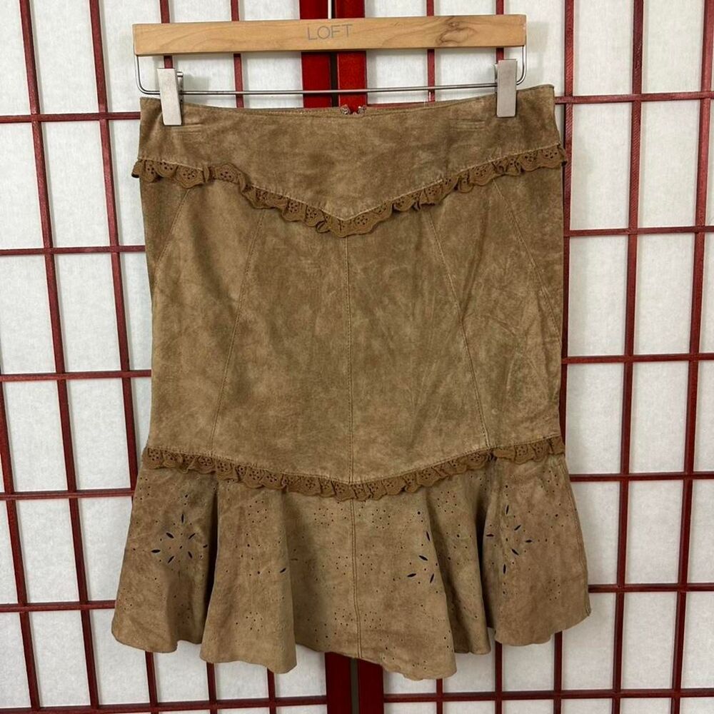 Y2K Brown Suede Leather Western Americana Knee Length Skirt